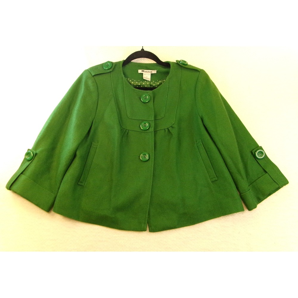 Nygard Collection Green Linen Blend Cropped Swing Jacket Polka Dot Lining 6P
